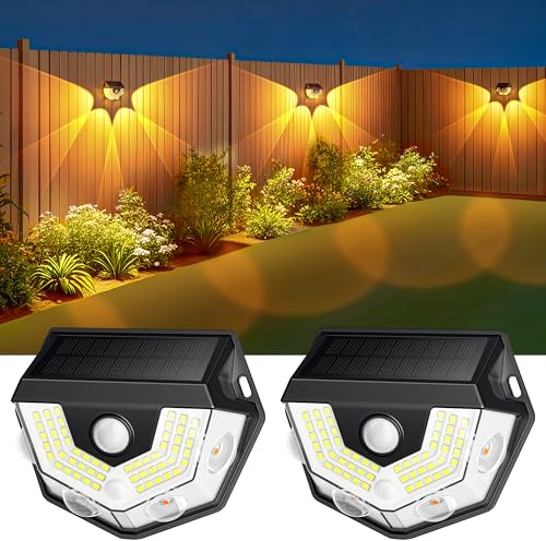 Lot de 2 lampes solaires d'extérieur avec détecteur de mouvement, super lumineuses, 270°, 3 modes, IP65, étanche, avec lumière chaude et blanche, applique murale pour clôture, cour, jardin, mur