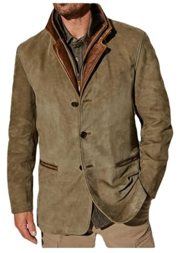 Vintage Suede Men's Double-Layer Blazers with Fur Lapels, Leather Collar, Medium Length, Outdoor Blazer for Autumn and Winter, khaki, XL