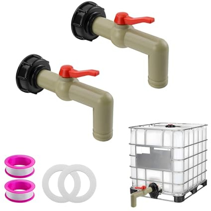 2 Stück IBC Container Wasserhahn 1 Zoll Wassertonne Hahn mit verstellbarem Kugelventil, Auslaufhahn für Regentonne, S60 x 6 Gewinde, inklusive Dichtungen und Dichtband, Robustes PP Material