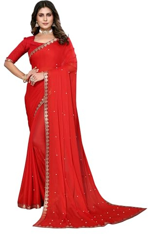 IMTRA FASHION Sari För Kvinnor, Indisk Etnisk Sari Med Osydd Blus - Röd