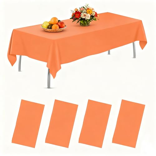 AMLUCKS Plastic Rectangle Disposable Table Cloth 4 Pack 54 x 108 inch Table Cloths Waterproof Stain-Resistant for Weddings BBQ Picnic Birthdays and Events Party (4, Orange, 54 * 108inch)