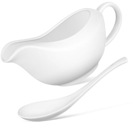 TOBBOMEY Salsera De Cerámica Blanca Con Cuchara, Recipiente Para Salsa y Condimentos, Jarra Pequeña Versátil Para Cocina, Adecuado Para Servir Mesa, Diseño Anti-derrames Práctico
