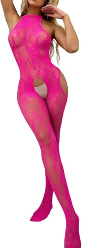 Gatamiau Women's Sexy Floral Lace Bodystockings See Through Fishnet Bodycon Babydoll Underwear Halter Neck Side Cut OUt One Piece Slim Fit Jumpsuit Leotard Tights Lingerie