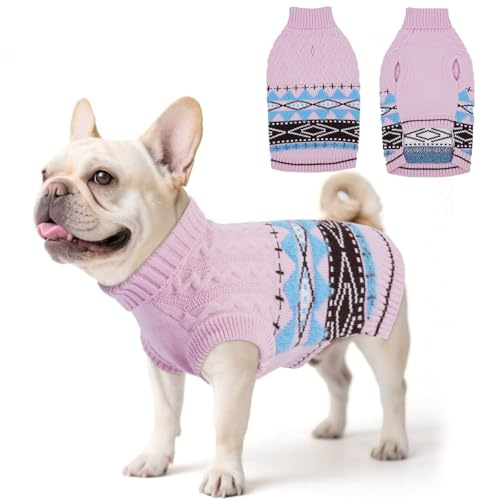 Hjumarayan Hundepullover Mittelgroße Hunde - Fair Isle Pullover Hund mit Geschirr Öffnung, Weihnachtspullover Elastisch Hundepulli Winter Sweater für Französische Bulldogge, Rosa L