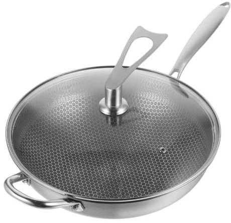 VANZACK Padella Wok in Acciaio con Fondo Nido d Manici Ergonomici e Coperchio Antiaderente per Cucina Gas e Varie Fonti di Calore Grande Capacità per Uso Quotidiano