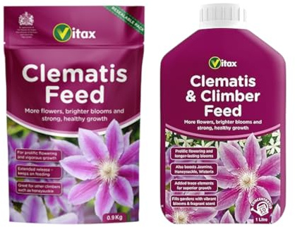 Clematis Feed 0.9kg Pouch & Liquid Feed 1L – Complete Fertiliser Set for Clematis and Climbing Plants, Promotes Vigorous Growth Strong Roots & Brighter Blooms with Balanced Nutrients and Potassium