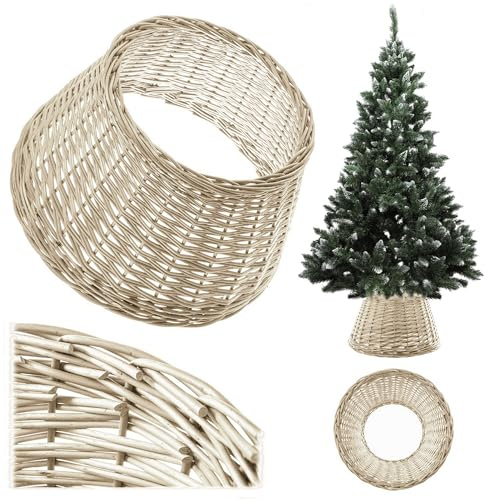 KADAX Weihnachtsbaumständerabdeckung Ø 55 cm in Weiß – Handgefertigter Baumrock aus natürlicher Flechtweide, dekorativer Weihnachtsbaumring & Übertopf für Pflanzgefäße