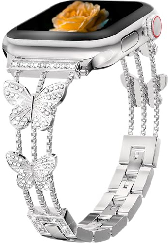 Diamond Butterfly Metal Band Compatible with Apple Watch Ultra3/2/1 SE3/2/1 Series11/10/9/8/7/6/5/4/3/2/1 Bracelet Luxe à Strass pour Femme pour 38/40/41/42/44/45/46/49mm