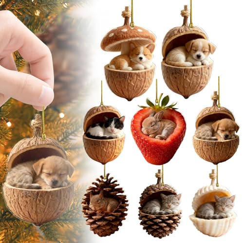 Waldtiere Eichels Ornaments, Acryl 2D Tier Weihnachtsbaum Hängedekorationen Weihnachtsbaumschmuck Waldtier Eichels Ornamente Niedliche Eicheln Und Tannenzapfen Waldtier Christbaumschmuck (8 stück)