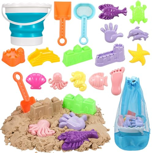 GSrenyu 18Pcs Beach Toy Set,Foldable Beach Bucket with Sea Animals Molds Sand Shovels Mesh Bag,Play Sand Toys Kit Outdoor Fun Tools for Kids Boys Girls