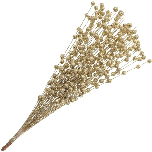 FONDOTIN Steli di Bacche Artificiali Glitterate Dorate per Decorazioni Natalizie Rami di Bacche di Agrifoglio Artificiale per Composizioni Floreali e Addobbi di Natale 1 Mazzo per