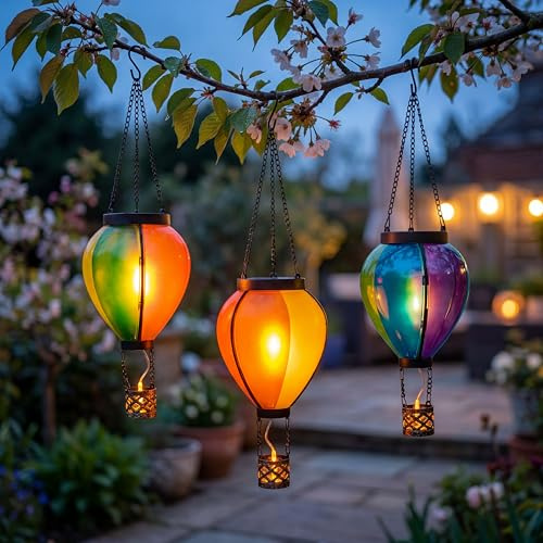 Northpoint LED Solar Heißluftballon 3er-Set Garten Balkon Terrasse Solarleuchte hängend bunt warmweiß Flammeneffekt oder Dauerlicht Dämmerungssensor IP44 Außenleuchte