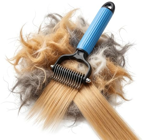 Pet Pro Grooming Tool for Dogs & Cats Dual-Sided Deshedding Brush and Dematting Rake Undercoat Grooming Comb for Long Haired Pets Stainless Steel Pet Hair Removal Brush (Blue,M)