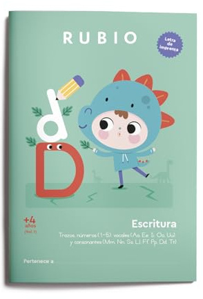 Escritura letra de imprenta +4 años Vol 1 | RUBIO | Trazos, números (1-5), vocales (Aa, Ee, Ii, Oo, Uu) y consonantes (Mm, Nn, Ss, Ll, Ff, Pp, Dd, Tt) (Escritura con Letra de Imprenta RUBIO)