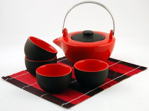 service à thé rouge et noir, théière et 4 tasses