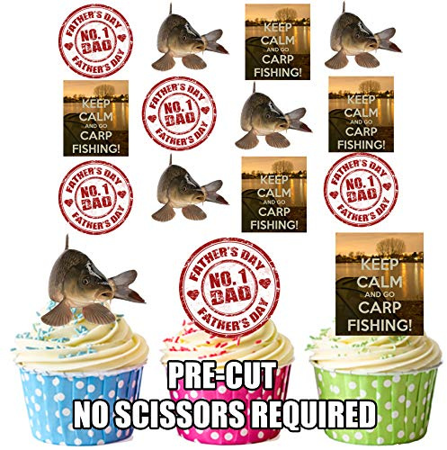 AK Giftshop Father's Day Keep Calm Carp Fishing Cake Decorations - Edible Stand-up Cup Cake Toppers (pack of 12)