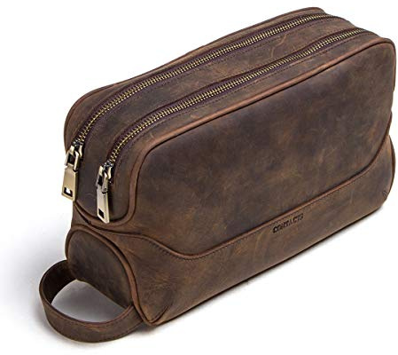 Contacts Echtes Leder Doppel Reißverschluss Toilettenbeutel Herren Dopp Kit Reiseflaschen