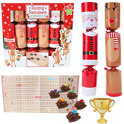 Toyland® Pack Of 6 Fun Santa & Elf Christmas Crackers With Reindeer Figure To Race To Santa's Workshop Game