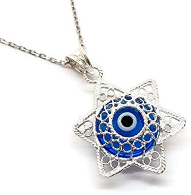 MYSTIC JEWELS By Dalia - Filigree Star of David Necklace with Turkish Eye 925 Sterling Silver