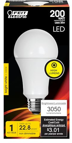 Feit Electric A21 LED Light Bulb, 200W Equivalent, Non-Dimmable, 3050 Lumens, E26 Standard Base, 3000k Bright White, High Output LED Bulb, Damp Rated, 22 Year Lifetime, OM200/830/LED