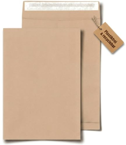 KK Verpackungen Faltentaschen B4 250x353x40mm | 10 Stück, Haftklebend 130g/m² Braun | Versandtaschen Mischnatron blickdicht | Maxibrief Warensendung Großbrief | Kuvert undurchsichtig