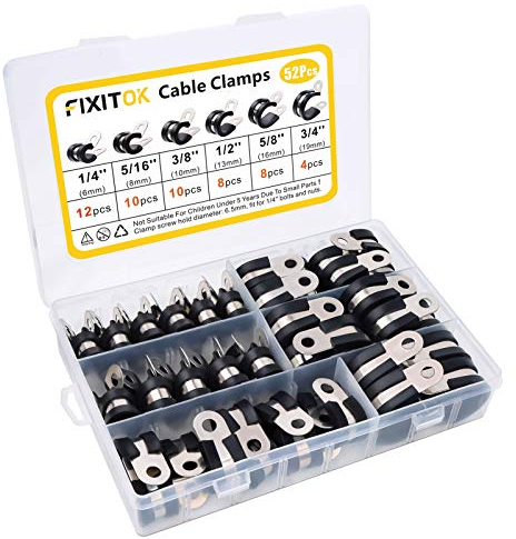 FIXITOK 52 Stücke Kabelklemme Gummi P Clips Schlauchschellen Rohrschellen Kabelklemmen Edelstahl Kit 6 Größen 1/4Zoll 5/16Zoll 3/8Zoll 1/2Zoll 5/8Zoll 3/4Zoll Kabelklemme