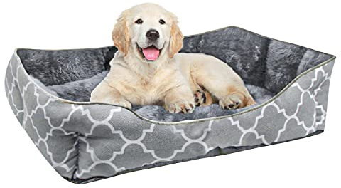 INTIRILIFE Flauschiges Haustierbett mit doppelseitigem Innenkissen in Blau-Grau - Größe 57 x 47 cm - Weiches rundes rutschfestes Hundebett Katzenbett Kissen Komfortables Hundesofa Katzensofa