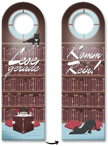 Lese gerade oder Komm rein Türhänger mit Bücherregal und Katze lustiger Türhänger als Geschenk für Bücherwürmer die viel lesen und dabei nicht gestört werden wollen
