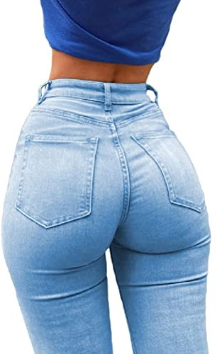 ORANDESIGNE Damen Stretch Hose mit Hoher Taille Jeggings Stretch Hose Push Up Jeans Mode Taschen Knöpfen Skinny Push Up Po Lang Hosen B Hellblau L