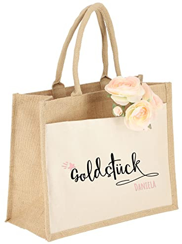 AMBERGER DESIGN by A&M Osterhage amd Jute Tasche Groß Motiv: Goldstück | Name personalisiert Damen-Tasche Jute-Beutel groß Nachhaltig | Einkaufstasche hochwertig Größe 42x33x19cm