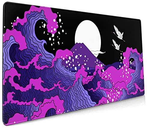 Japanisches Mauspad mit schwarz-blau-lilanem Wellenmuster, verlängert, groß, cooles Design, Kunstdesign, rutschfeste Gummiunterseite, genähten Kanten, wasserdicht, Gaming, Heimbüro, 90 x 40 cm, XXL