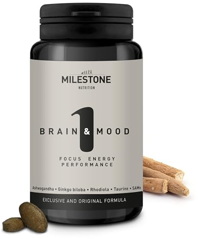 Milestone Nutrition Brain & Mood Ginkgo Biloba, Rhodiola Rosea & Ashwagandha Kapseln Brain Booster für bessere Konzentration | Vitamine, Mineralien & Ergänzungsmittel als Energie Booster | 60 Kapseln