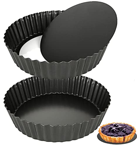 LOLYSIC 2Pcs Deep Quiche Tins with Loose Base, 5.5cm Deep Pie Dish Loose Bottom Flan Tin, 24cm / 9 Carbon Steel Fluted Tart Tins for Baking, Non Stick Quiche Dish with Removable Bottom, Black