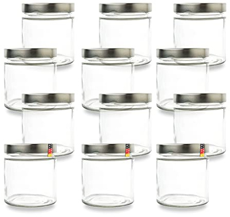 Flaschenbauer - 12x Einmachgläser 410ml - Gewürzgläser mit Deckel TO82 Silber, Schraubgläser, Joghurtgläser, Marmeladengläser, mit Twist-Off-Deckel, für Marmelade, Honig, Gewürze - Made in Germany