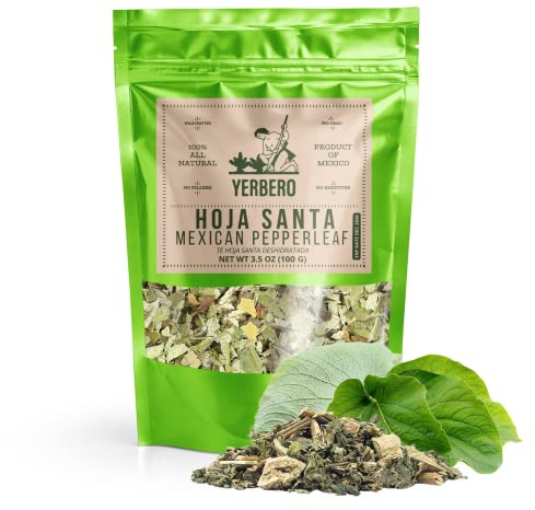 Yerbero - Premium Loose Hoja Santa Tea 3.5 oz (100 gr) | Hoja Santa Te Herbal (Tallos & Hoja Deshidratada) | Makes 30+ Cups | Mexican Pepperleaf | Dehydrated Leaf & Steams |Stand Up Resealable Bag |