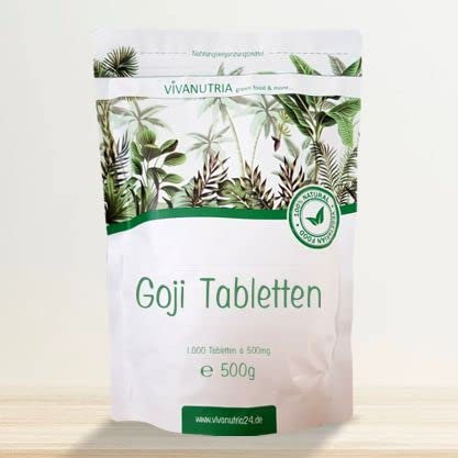 VivaNutria Goji Tabletten 500g I 1000 Presslinge á 500mg I Goji Tabs gelatine- & laktosefrei I Goji Beeren aus kontrolliertem Anbau I Rohkostqualität I vegan