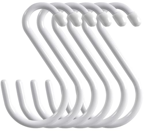 Cozihom 6 Inch Heavy Duty Vinyl Coated S Hooks, Black Rubber Coated S Hooks, Extra Thick Non Slip Metal S Hanger for Closet, Garden, Garage, Kitchen Hanging, White, Pack of 6