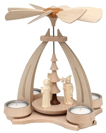 Pirámide de madera de haya con 3 figuras talladas a mano para 4 velas de té, aprox. 18 x 14 x 24 cm