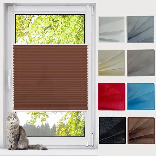 Plissee ohne Bohren Klemmfix, 35 x 140 cm Blickdicht Easyfix lichtdurchlässig Rollo, Jalousette Jalousie Faltrollo Blickdichtes Falt-Rollo, für Fenster ohne Bohren, Braun