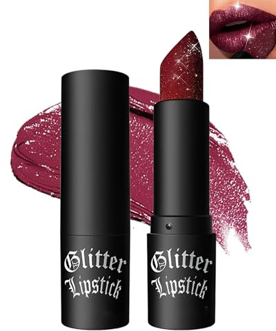 Wine Red Diamond Glitter Matte Lipstick, Gothic Shiny Lip Gloss, Sparkling High Pigment Longlasting Waterproof Smudgeproof Non-Stick Cup, Bold Shimmer Lip Blam for Cosplay, Halloween Party Makeup-07