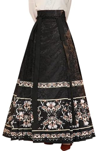 Bon amixyl Horse Face Skirt Chinese Skirts for Women Traditional Vintage A-line Printed Pleats Skirt Black-L
