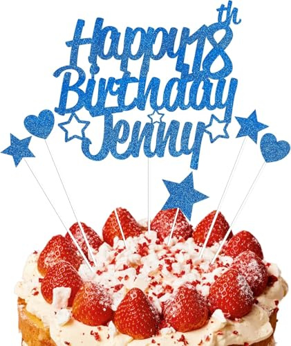 EKAM Personalised Happy Birthday Cake Topper, Customised with Any Age Name Party Cake Decoration, Glitter Card Cake Topper With Heart Star Cup Cake Toppers - 9Pcs (Prime, Royal Blue)