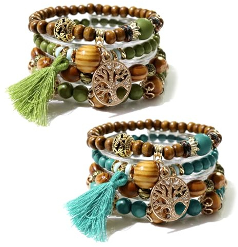 DHSBGWSX 8 bracelets de perles en bois, style bohémien ethnique, avec pendentif à pampille, cadeau pour bijoux, bracelet élastique avec perles en bois, Taille unique