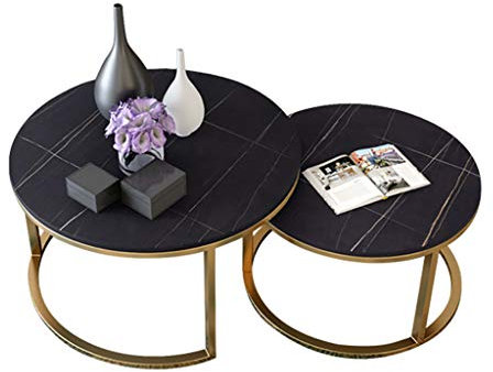 MPFYRCOJ Satztische für das Wohnzimmer, Retro-Satz-Couchtisch, Sofa-Beistelltisch, Satztisch aus Marmor, Sofa-Beistelltisch für das Wohnzimmer, 2er-Set, Schwarz, Rund, Modern, Schwarz + Gold
