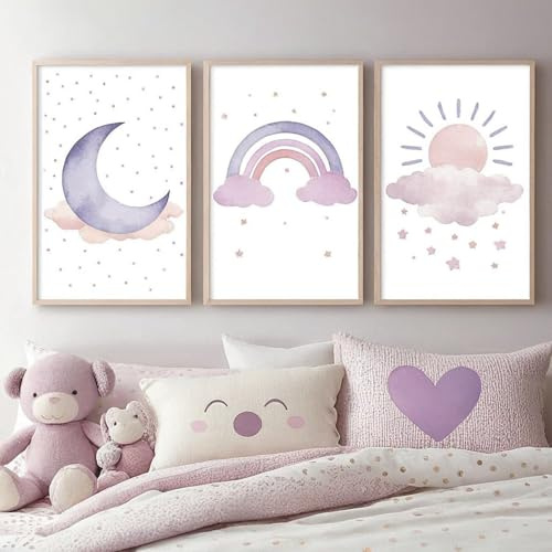 Ueiwffzo 3er Wandbilder Set Bilder Kinderzimmer, Premium Regenbogen Mond Sonne Poster Set ohne Rahmen, Stilvolle Leinwandbilder Wanddeko für Babyzimmer Kinderzimmer Mädchenzimmer (21 x 30 cm)