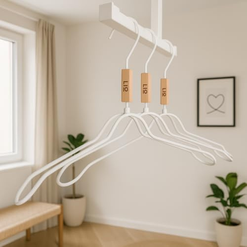 LIO HOME® Juego de 3 perchas de metal en blanco o negro con protección antiarrugas plegable – Ganchos de alambre estables con [hombros anchos] para ropa que mantiene la forma y gancho giratorio 360 °