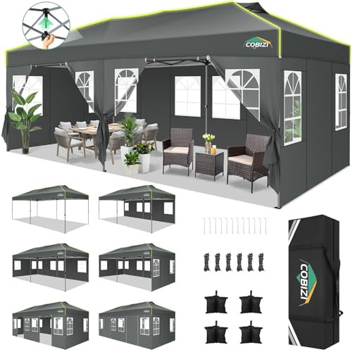 COBIZI Tonnelle Barnum Pliante 3x6 Pop up Tonnelle de Jardin Exterieur Imperméable Tente de Reception avec 6 Panneaux Latéraux Chapiteau avec Ventilation pour Camping Sac de Transport, Anti UV, Gris