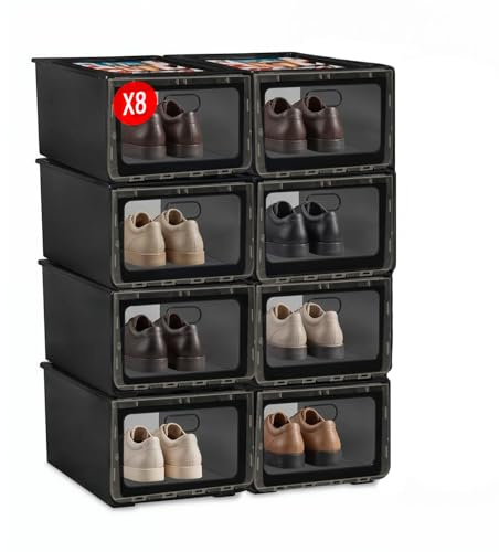 Mundo Home Cajas para Zapatos Transparentes Apilables - Organizador Zapatos Armario Apilable - Cajas Almacenaje Zapatos Plegable - Zapateras para Guardar Zapatos (Wengué, Pack de 8)