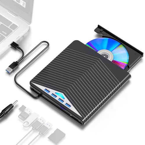 LINKEET 7-in-1 Externes CD/DVD-Laufwerk für Laptop, USB 3.0 & USB-C Tragbarer CD/DVD-Player +/-RW Brenner Reader Rewriter mit SD/Micro-SD-Kartenleser & 4-Port USB-Hub für Windows/Mac/Linux/PC/MacBook