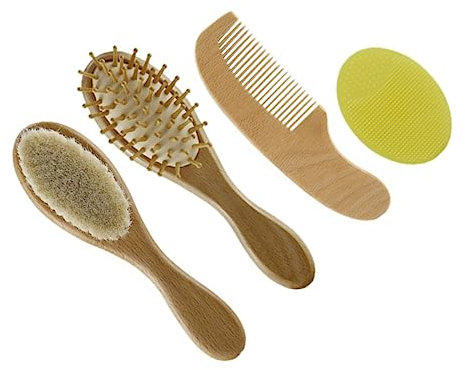 HAPINARY 4pcs Wooden Hair Brush and Comb Portable Bath Accessories for Boy Girl Safe Boy Girl's Tender Brush and Comb for Newborn Grooming